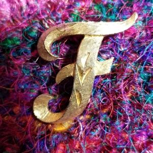 Vintage letter F brooch Mamselle textured gold tone pin initial alphabet